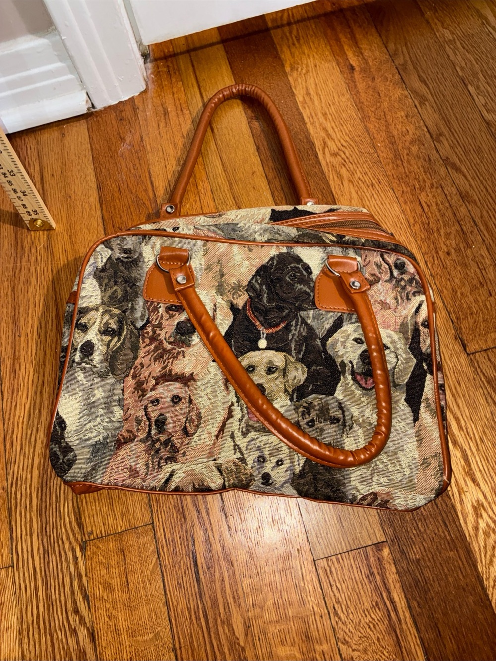 Tapestry Dog Print Satchel with Tan Faux Leather Trim